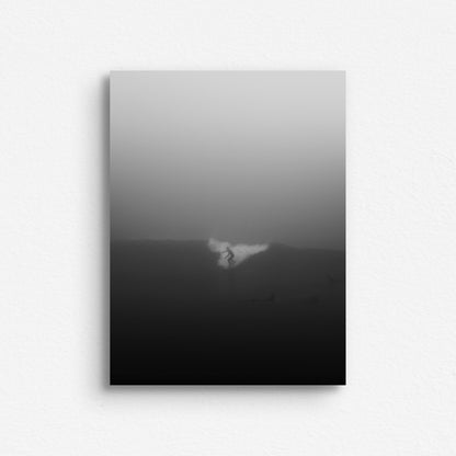 Surfing waves in thick fog on the Dutch coast. Printed in Dibond aluminum as wall art from The Hague.