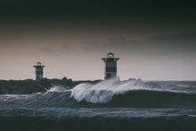 Load image into Gallery viewer, Moody surf photography with a wild large wave breaking on the beach in The Hague.
