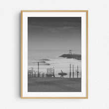 Load image into Gallery viewer, Double exposure surf photography in black and white, in a natural wooden frame.
