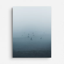 Load image into Gallery viewer, A dibond print of Dutch surf photography in the Hague. Surfers in the mist captured by Jop Hermans.
