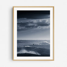 Load image into Gallery viewer, Dark and moody surf photography at the North Sea coast in a natural wooden frame.
