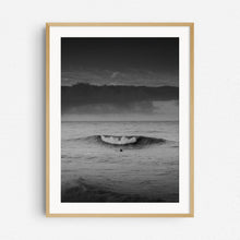 Load image into Gallery viewer, Black and white surf photography in a natural wooden frame.
