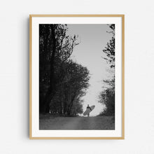 Load image into Gallery viewer, Surfer silhouette in the Scheveningen dunes in The Netherlands, print in a natural wooden frame.
