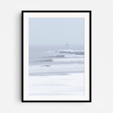 Load image into Gallery viewer, Winter surfing in Scheveningen framed in black wood, captured by Jop Hermans.
