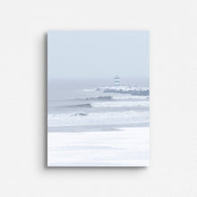 Load image into Gallery viewer, A winter surf shot with big waves and a snowy beach in Scheveningen printed on dibond.
