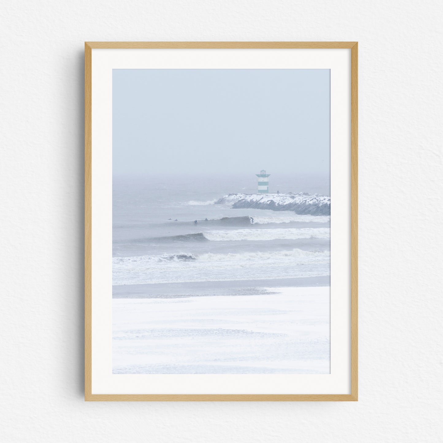 Buy winter surf photography in a natural wooden frame.