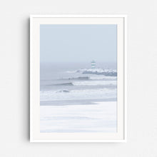 Load image into Gallery viewer, Framed winter surf photography from Scheveningen in a white wooden frame.
