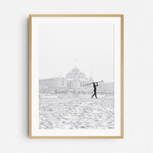 Load image into Gallery viewer, Winter surf photography in Scheveningen with the Kurhaus hotel as a backdrop, framed in natural wood.
