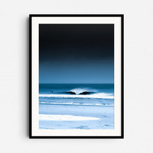 Load image into Gallery viewer, &quot;Blue Horizon&quot; – A serene North Sea wave under a dark gradient sky. Framed in black wood for dramatic, modern wall art with coastal vibes.
