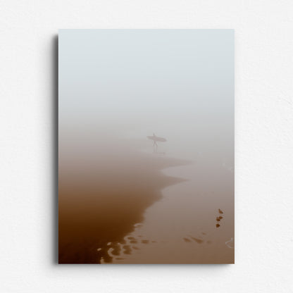 Surfer exiting the water in foggy conditions, printed on high-quality Dibond for a sleek, durable finish.