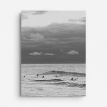 Load image into Gallery viewer, Black and white surf photo with surfers in the dutch part of the North Sea, printed on dibond.
