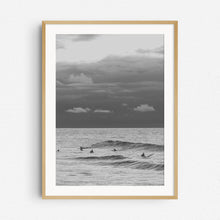 Load image into Gallery viewer, Black and white surf photo in a natural wooden frame.
