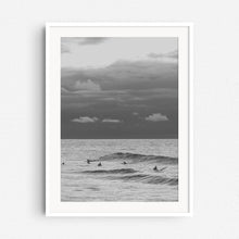 Load image into Gallery viewer, Surfers in the North Sea landscape in a white wooden frame.
