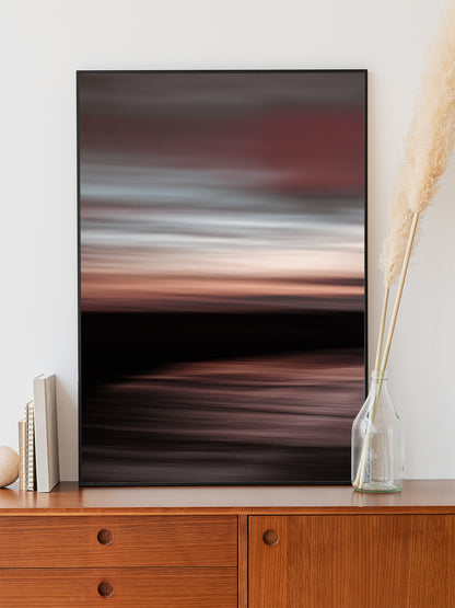 "'Dawn,' abstract sunset art from the North Sea. Pastel hues framed in sleek aluminum for modern decor."