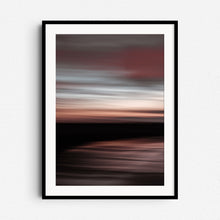 Load image into Gallery viewer, &quot;Dawn&quot; – abstract North Sea sunset with pastel reds and blues. Framed in black wood for dramatic, modern wall decoration.
