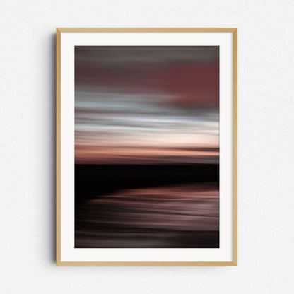 "Dawn" – serene pastel sunset on the North Sea. Framed in natural wood, adding a cozy touch to your wall art collection.