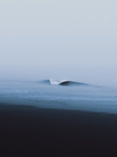 Load image into Gallery viewer, A minimalistic photo poster of a breaking wave on a Scheveningen beach in The Netherlands in a blue misty landscape.
