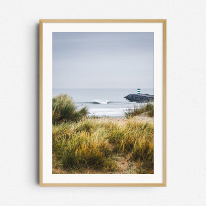 The view of the Scheveningen beach captured from the dunes. Beach grass on the foreground with a large wave breaking next to the harbour wall. A natural scene with contrasting colors, framed in natural wood for lovers of nature photography .