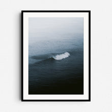 Load image into Gallery viewer, Minimalistic North Sea wave breaking in a misty seascape. A poster framed in black wood, perfect for surf photography enthusiasts.
