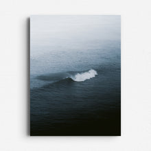 Load image into Gallery viewer, Minimalist breaking wave in a misty blue seascape, printed on Dibond for modern photo art on the wall. Captured by Jop Hermans, local The Hague artist.
