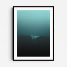 Afbeelding in Gallery-weergave laden, Silhouetted surfer on a misty Scheveningen morning in a turquoise haze. Framed in black wood for a bold, moody wall art piece.
