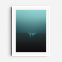 Afbeelding in Gallery-weergave laden, Misty Scheveningen beach with a silhouetted surfer, framed in white wood to highlight the deep turquoise tones. Surf photography for your wall.
