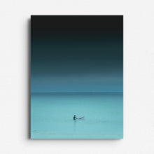 Load image into Gallery viewer, Turquoise-toned photo of a surfer facing the horizon in the North Sea. Photo poster printed on aluminium dibond. Perfect as decoration or art piece
