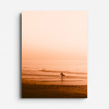 Load image into Gallery viewer, Surfer walking the Scheveningen beach in a bright orange sunset. The Hague photo art printed on aluminium dibond. 
