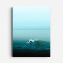 Load image into Gallery viewer, A minimalistic Scheveningen surf photo with turquoise hues and a pink longboard. Printed on Dibond for sleek wall decoration.
