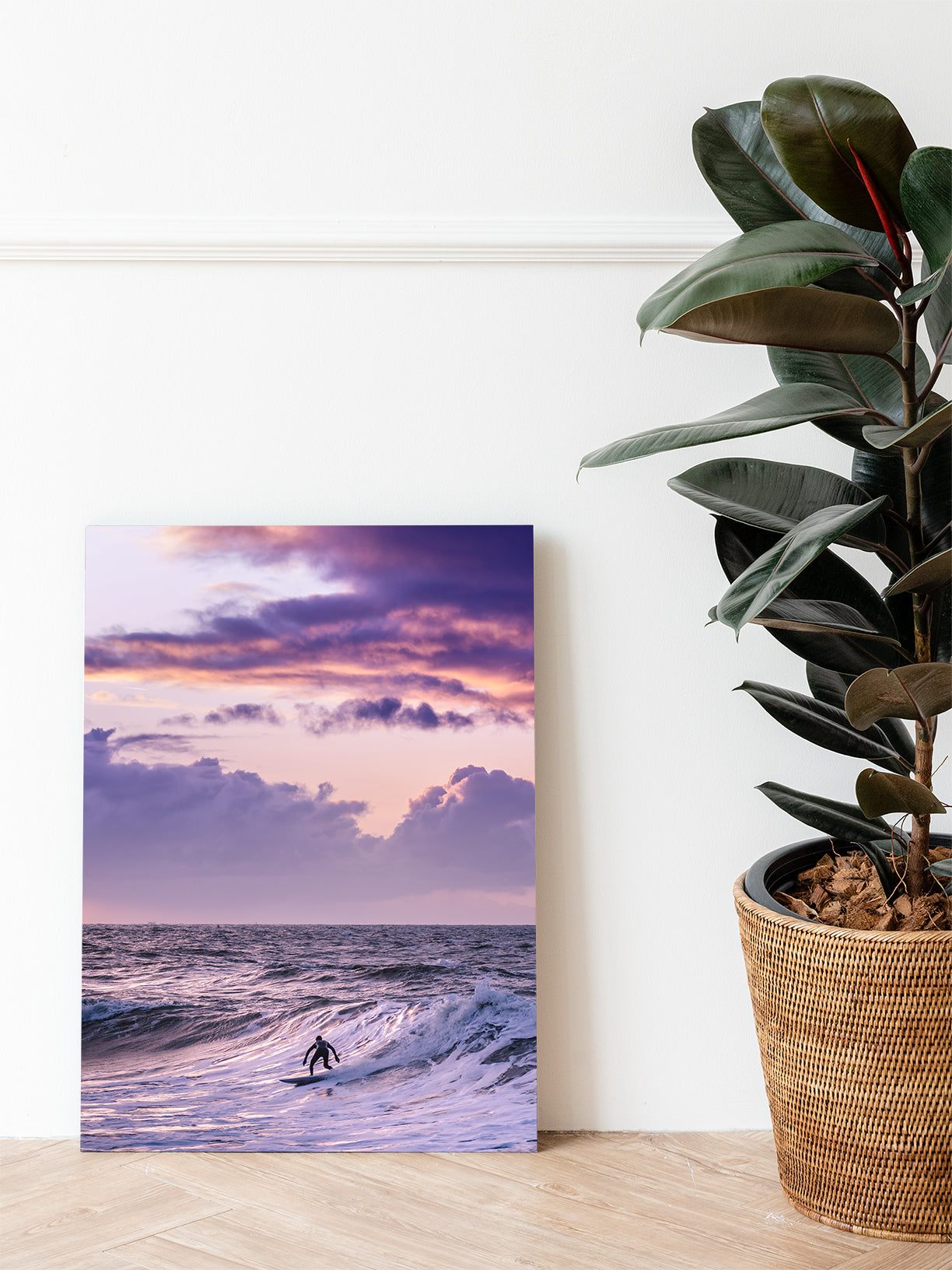 A Scheveningen surf scene with purple hues and sweeping clouds. Printed on aluminum Dibond for vibrant, durable abstract wall art.