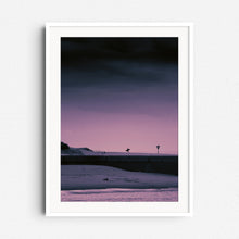 Load image into Gallery viewer, Silhouette of a surfer walking on the south side of Scheveningen harbor during a purple sunset, framed in white wood for a striking and fresh local surf scene.
