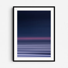 Load image into Gallery viewer, Abstract North Sea art in purple hues, framed in black wood. Captures the sunset with panning technique for modern home decor.
