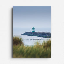 Load image into Gallery viewer, Contrasting blue and orange hues of Scheveningen dunes with surfers in the background, printed on Dibond for a sleek, modern finish. Shop local artwork from Jop Hermans in The Hague.
