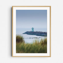 Load image into Gallery viewer, Peaceful Scheveningen dune scene with surfers and waves, framed in natural wood, perfect for North Sea Surf Photos fans. Captured by Jop Hermans
