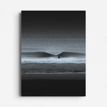 Load image into Gallery viewer, A striking black-and-white seascape with a surfer and crashing wave. Printed on Dibond. The Hague artwork.
