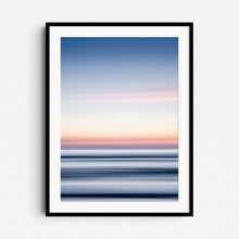 Load image into Gallery viewer, Vibrant North Sea sunset with blue, yellow, and orange hues, framed in black wood. Adds a fresh touch to coastal decor.

