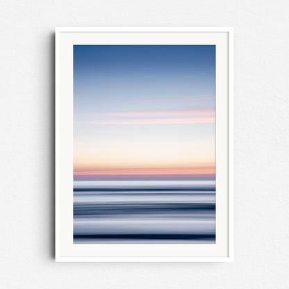 Abstract North Sea sunset in blue, yellow, and purple, framed in white wood. Perfect for serene, nature-inspired interiors.