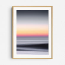 Load image into Gallery viewer, Sunset over the North Sea with orange and grey tones. Abstract, framed in natural wood. Perfect for minimalist coastal interiors.
