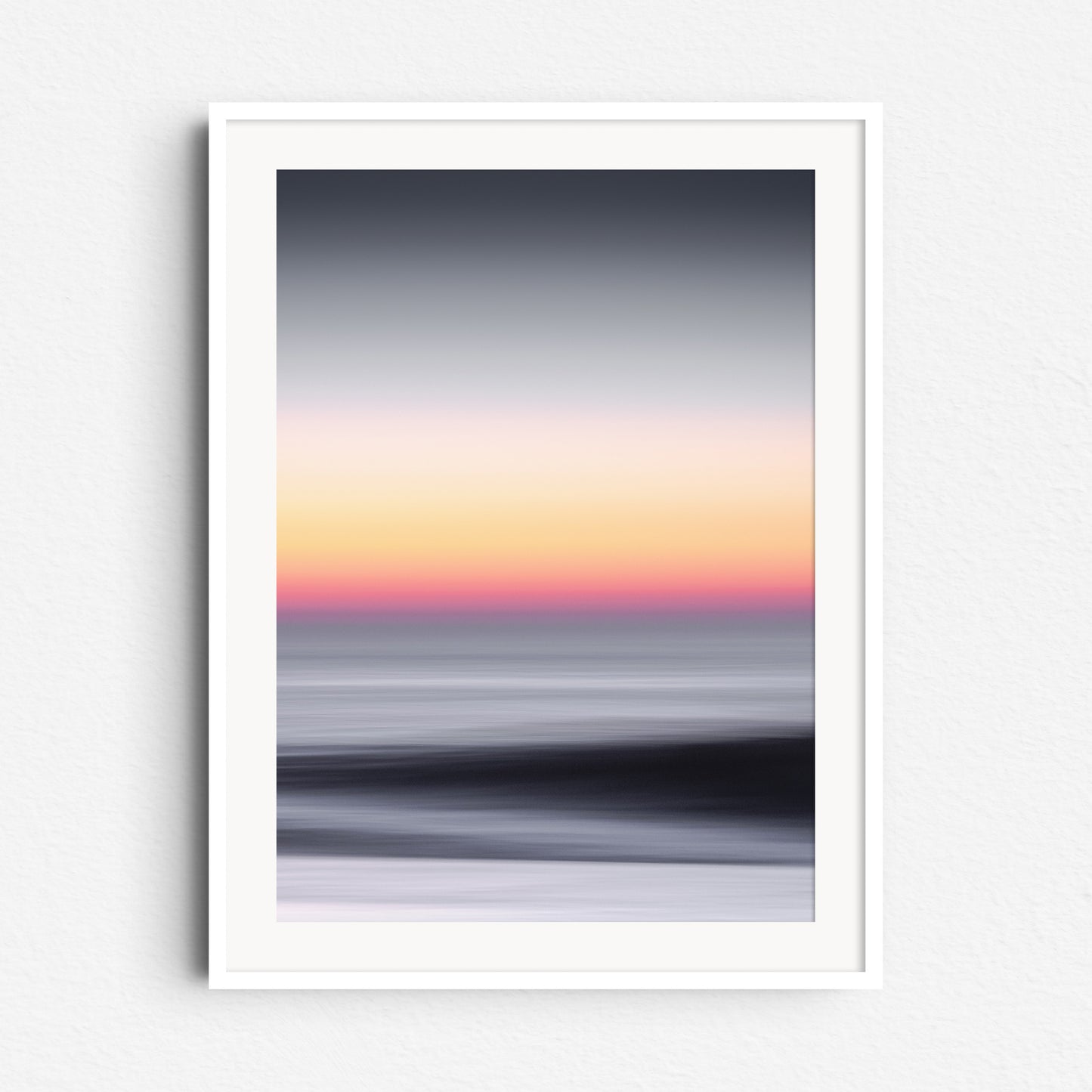 "Stratosphere" – a striking abstract North Sea photo, with grey shadows and an orange hue, framed in white wood for a bold look.