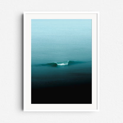 Single turquoise minimalistic wave in the North Sea, framed in white wood, serene wall decoration.