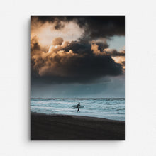 Load image into Gallery viewer, Orange clouds with a surfer underneath on the North Sea coast, surf art printed on aluminium dibond.
